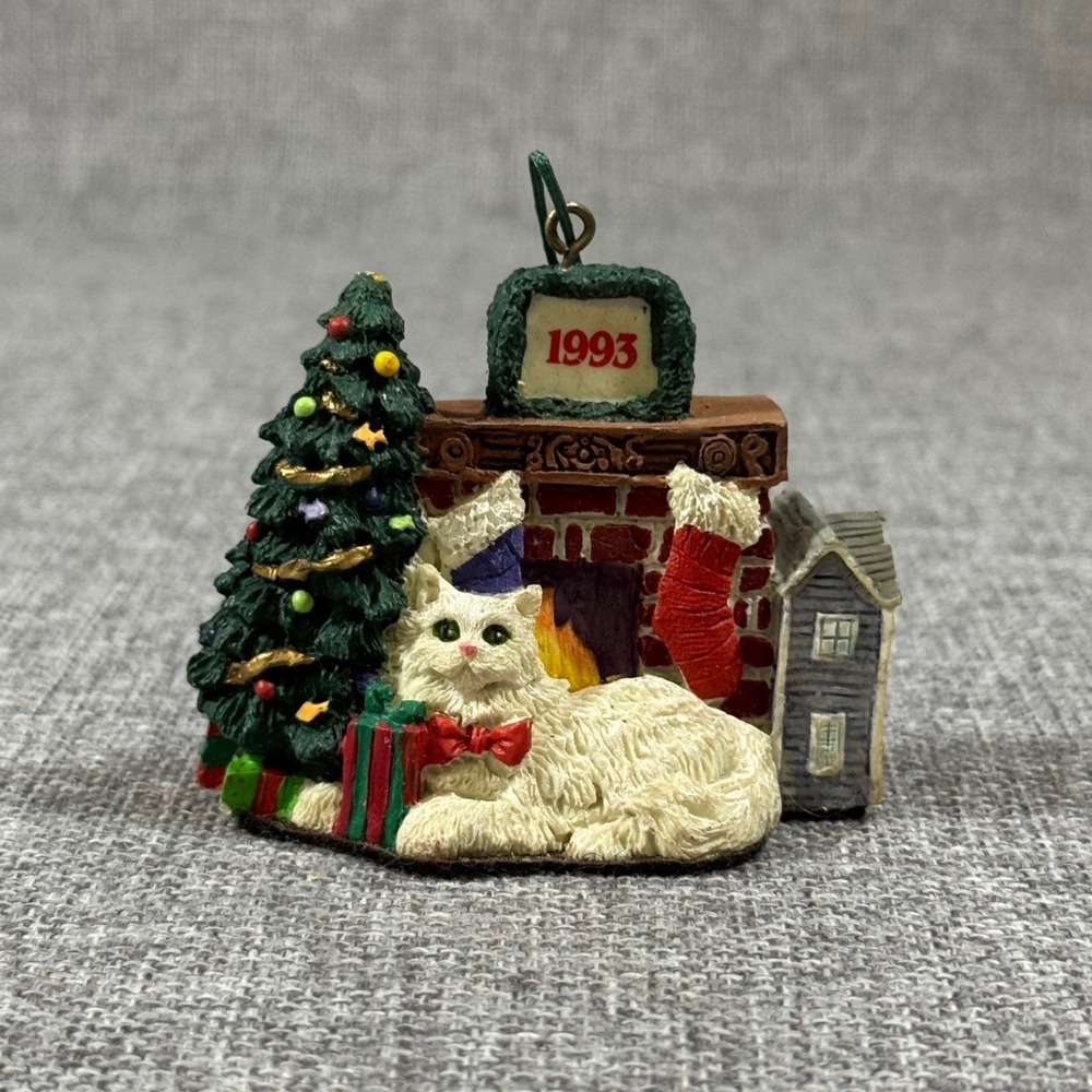 VTG Fancy Feast Cat Ornament 1993 White Persian Fireplace Christmas Tree Kitsch